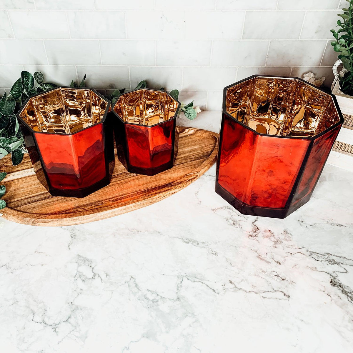 Red & Gold Glass Candle Holder Vase