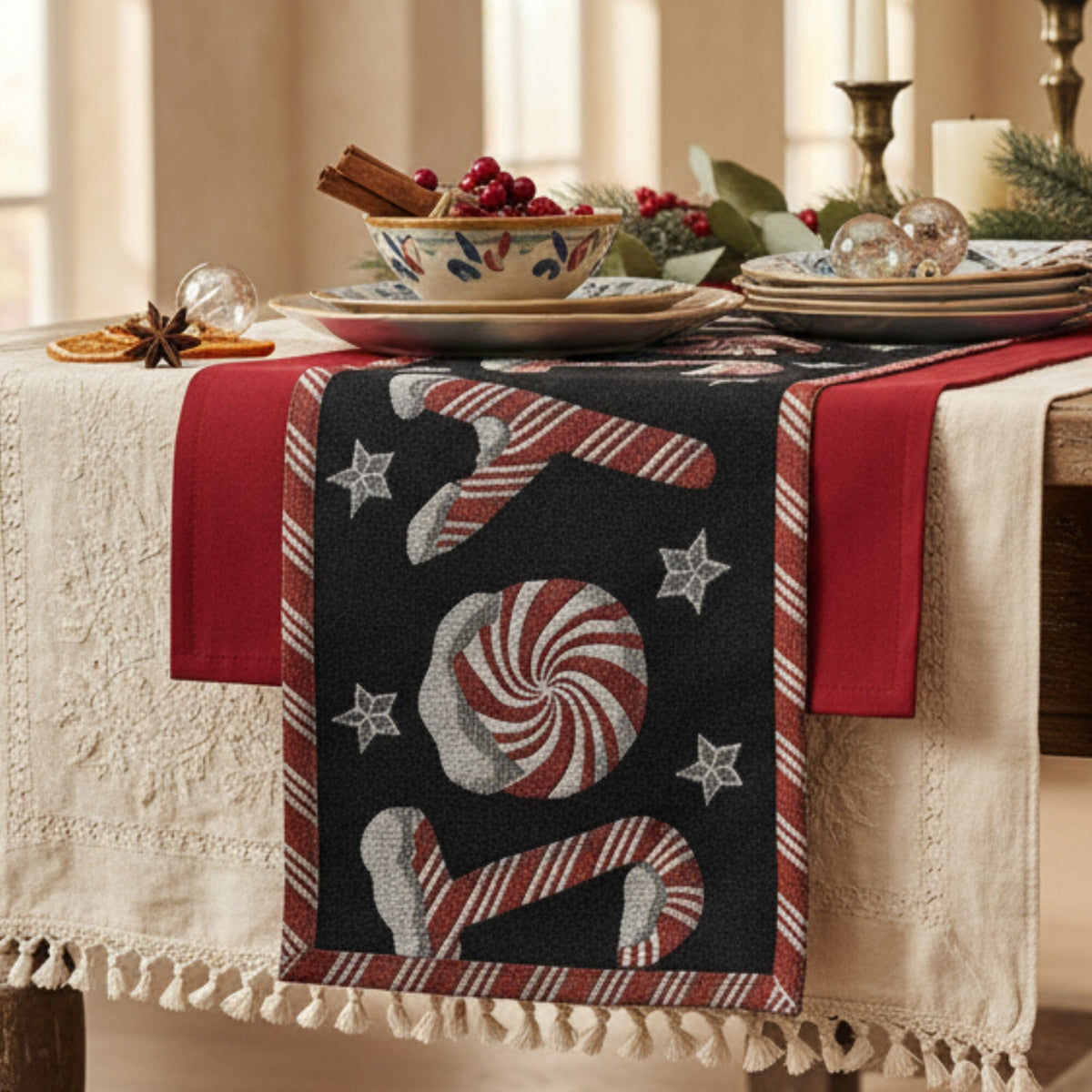 Peppermint Joy Christmas Tapestry Table Runner