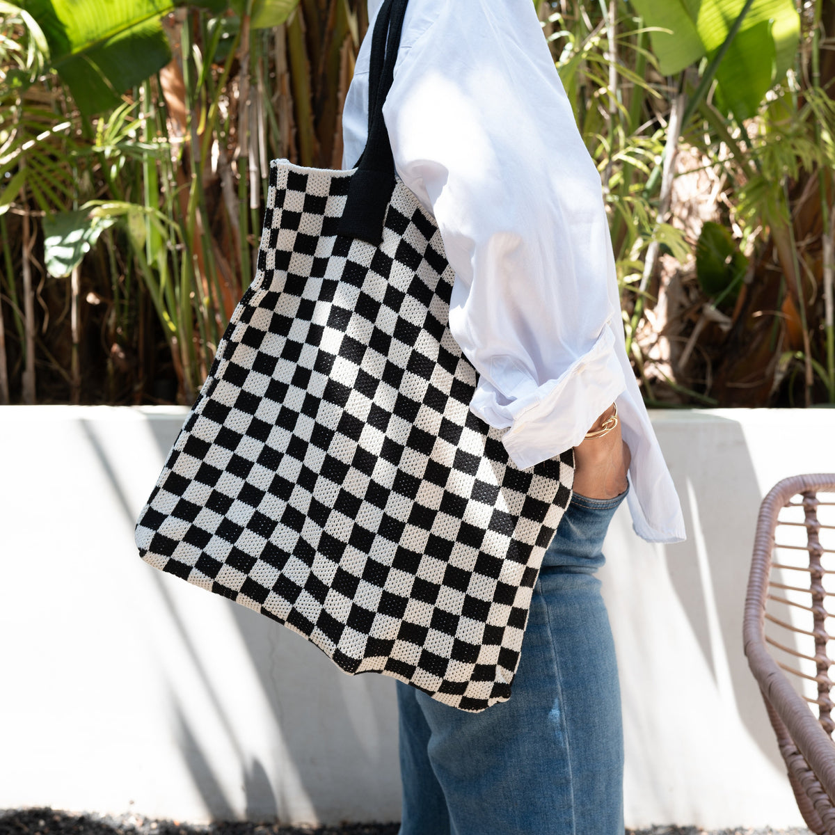 CASUPO Black & White Checkered Cotton Tote