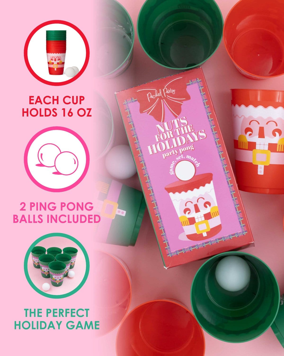 Christmas Nutcracker Pong Party Set — 12 Cups & 2 Balls