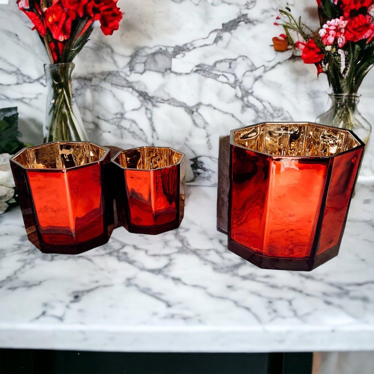 Red & Gold Glass Candle Holder Vase