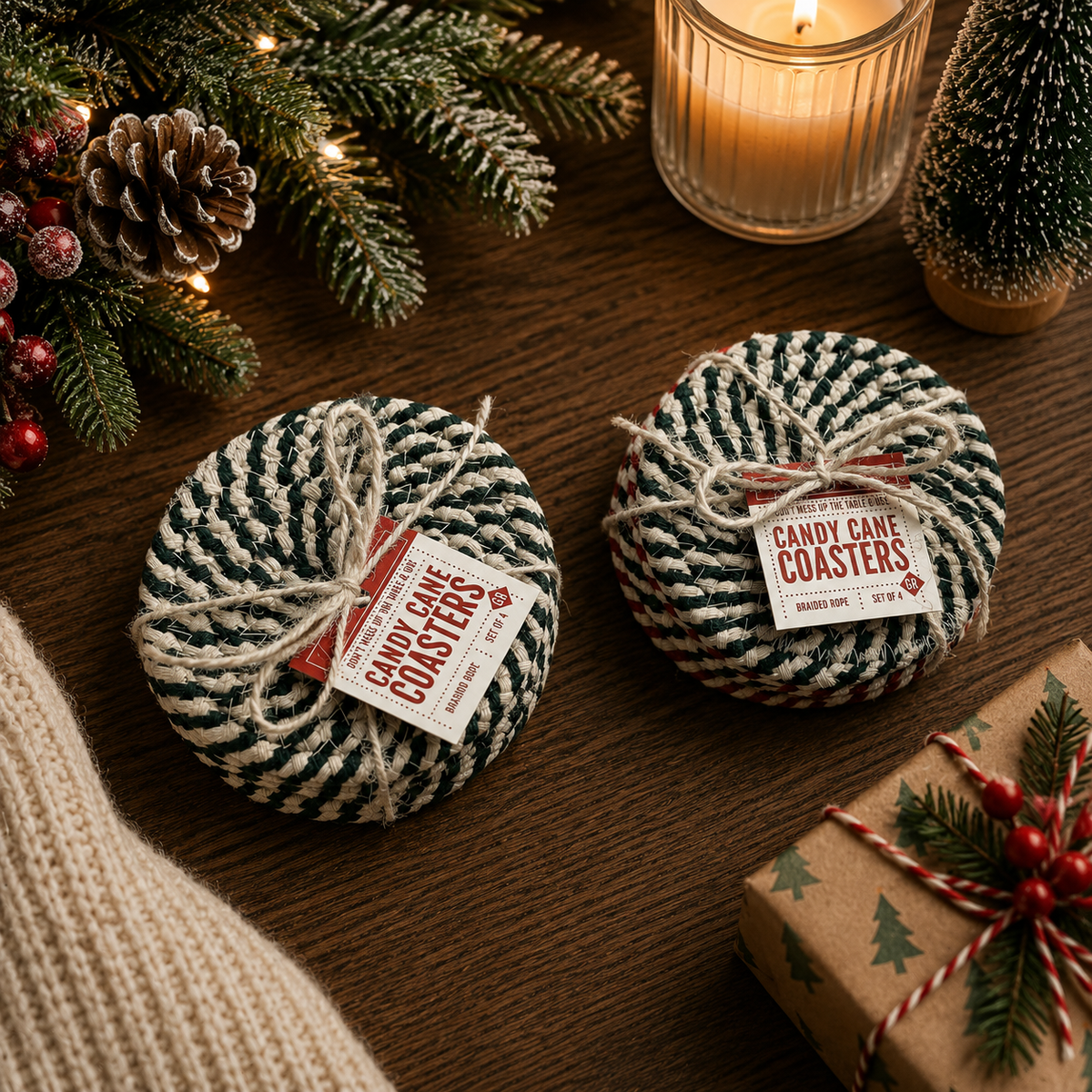 Candy Cane Braided Coasters — Set of 4