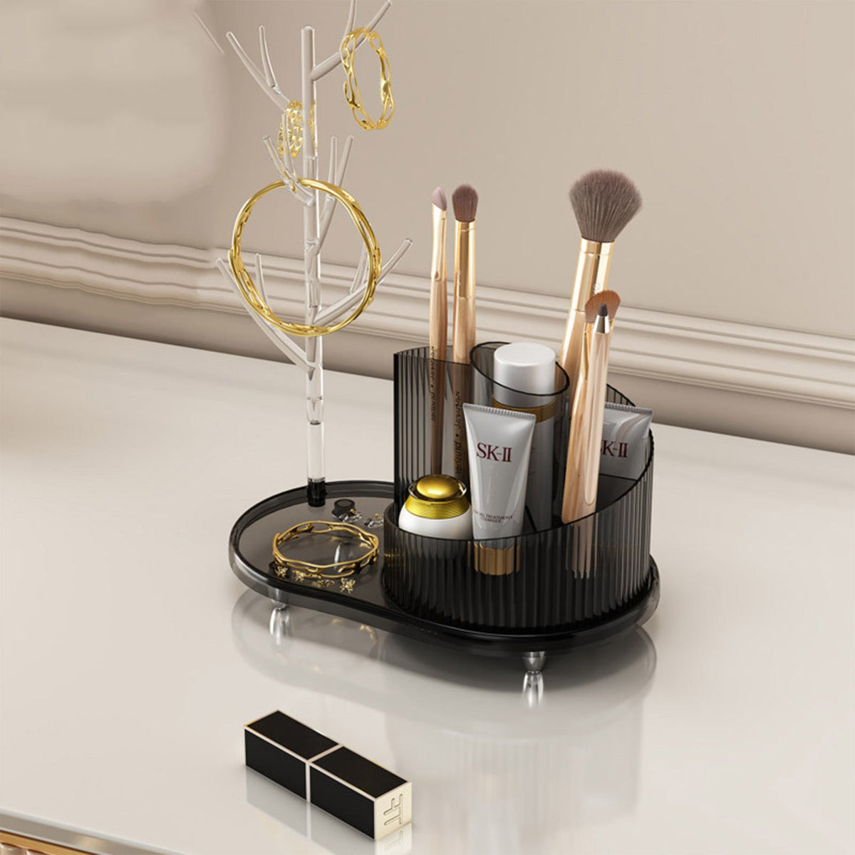 Rotating Makeup Organizer With Jewelry Storage  Large Capacity Cosmetic Display Case Holds 20 Brushes, 10 Lipsticks, 8 Skincare Products 360 Spinning Vanity Organizer For Countertop & Bathroom