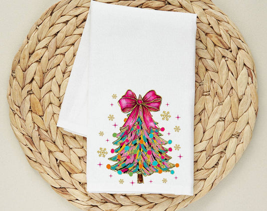 Pink Bow Christmas Tree Cotton Kitchen Towel — 28 × 28 in
