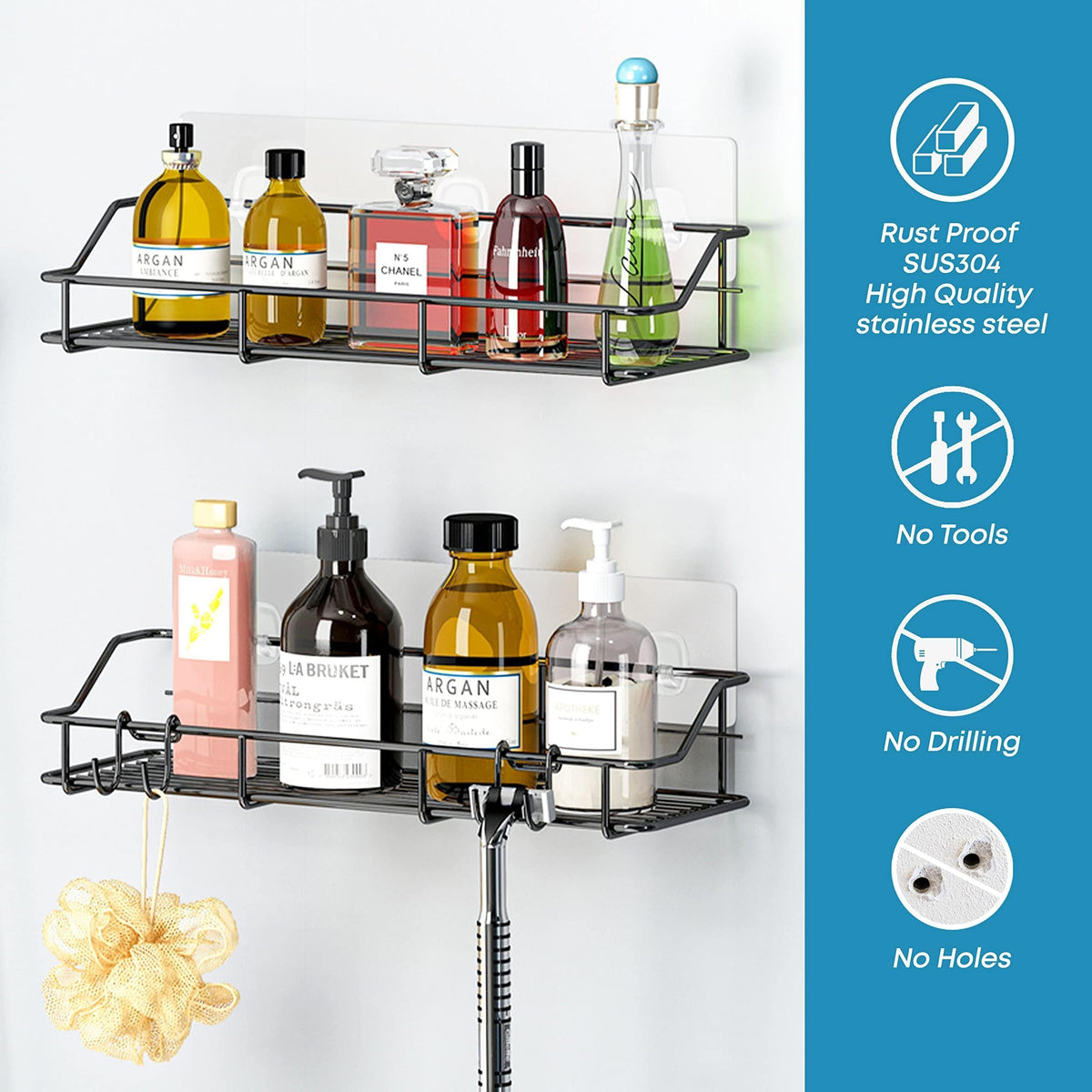 Black Adhesive Shower Caddies — Set of 2