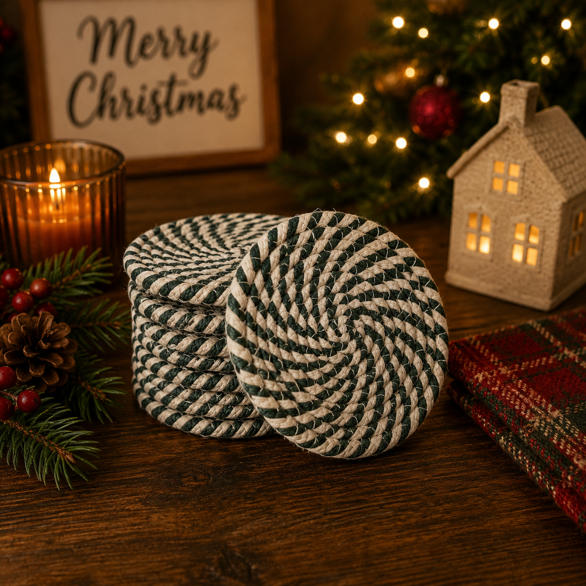 Candy Cane Braided Coasters — Set of 4