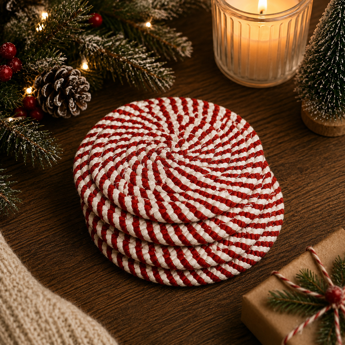 Candy Cane Braided Coasters — Set of 4
