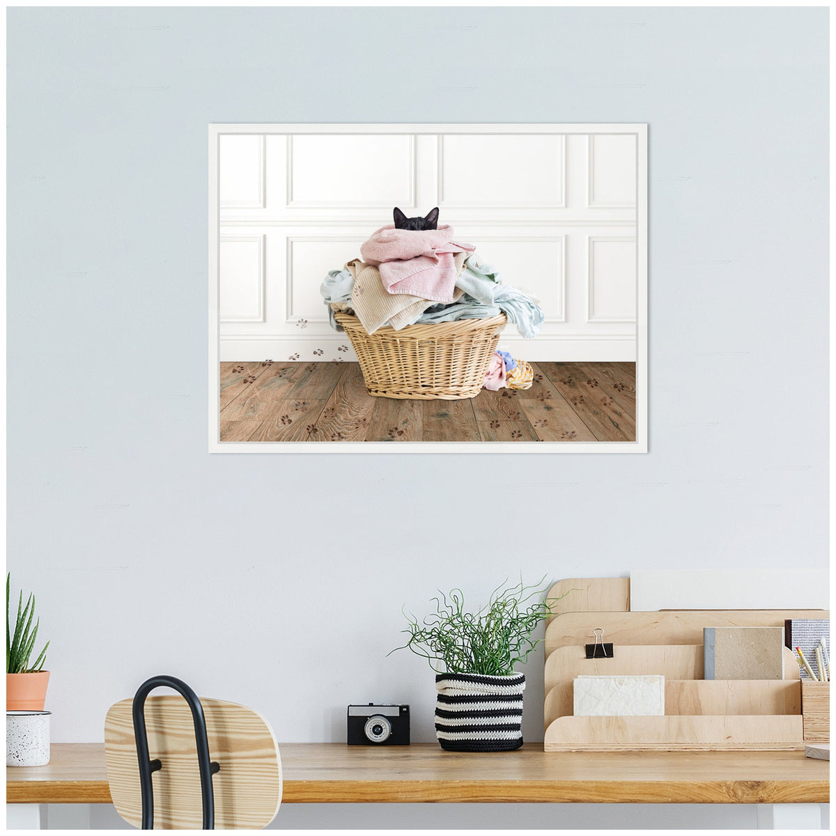 Cat in a Laundry Basket Framed Canvas – 18 × 24