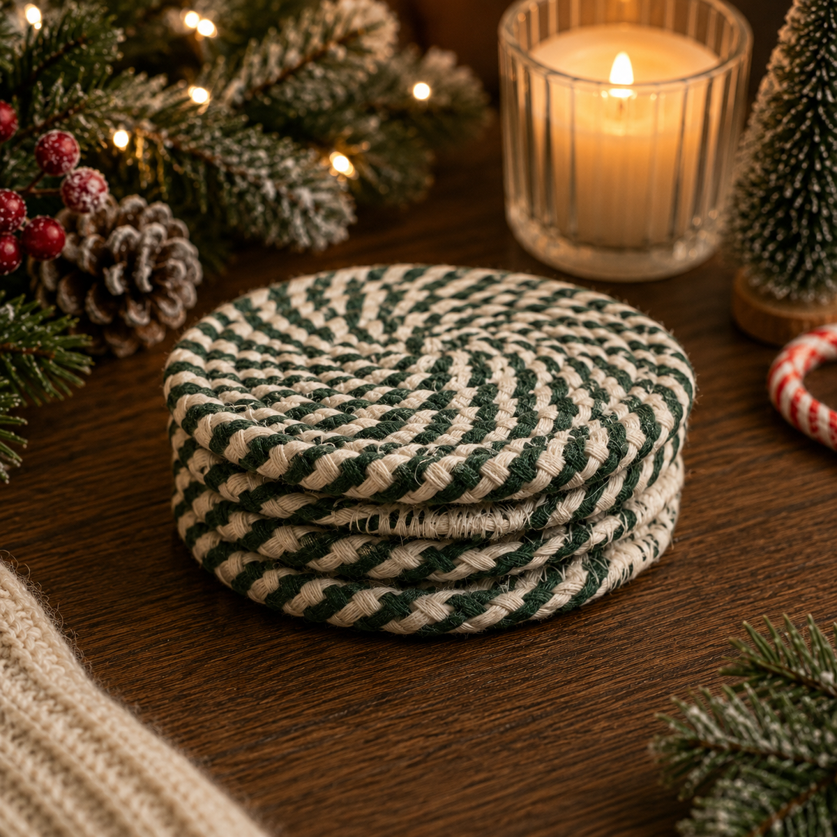 Candy Cane Braided Coasters — Set of 4