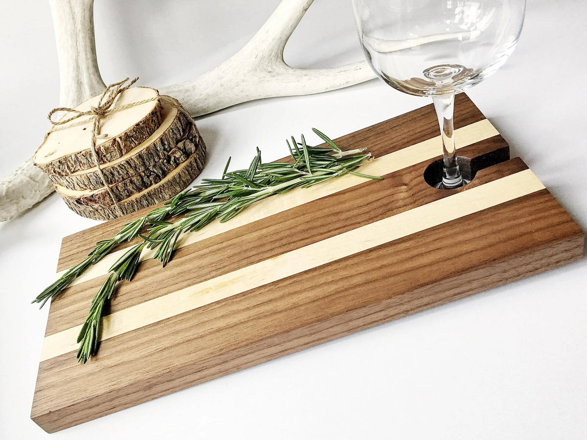 Maple & Walnut Appetizer Board with Wine Glass Holder