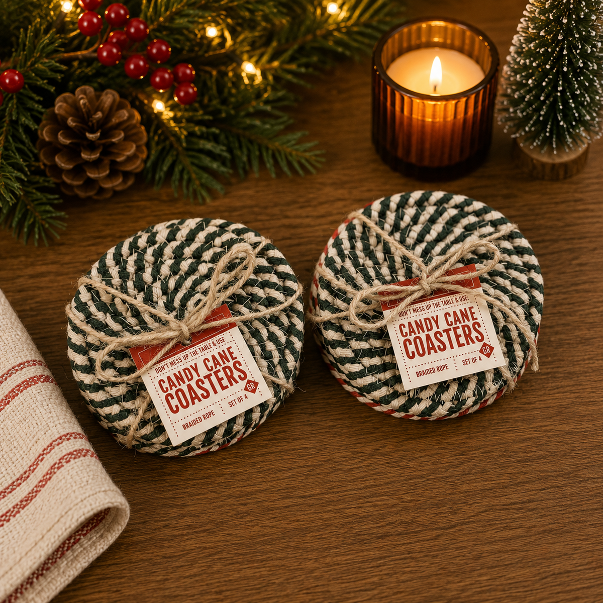 Candy Cane Braided Coasters — Set of 4