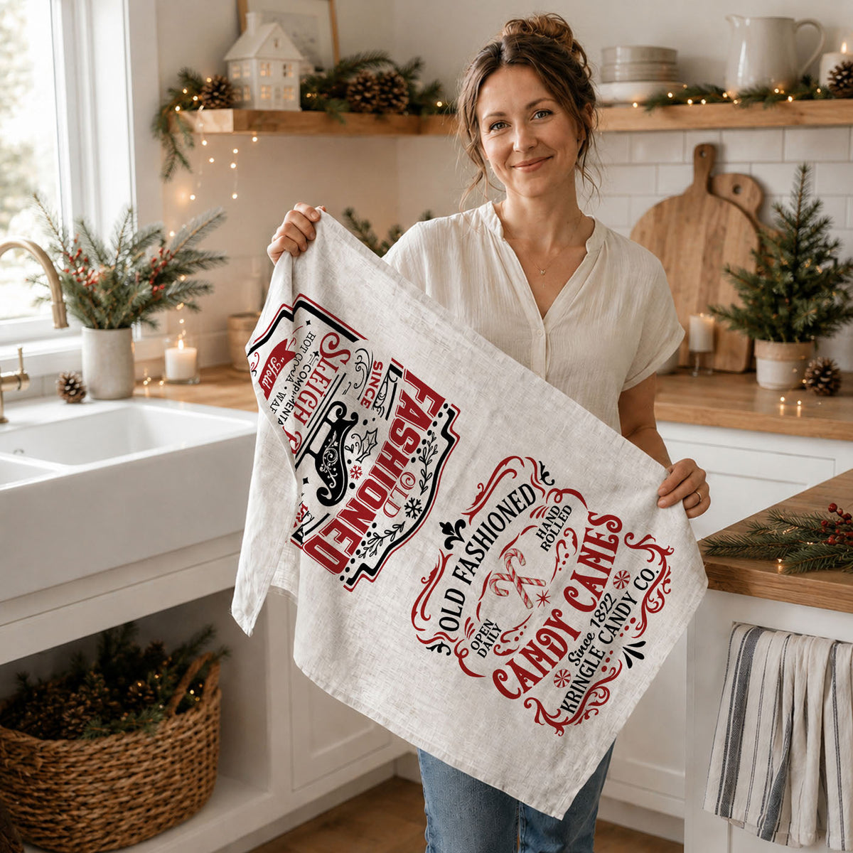 Sleigh Rides & Candy Canes Christmas Kitchen Towel