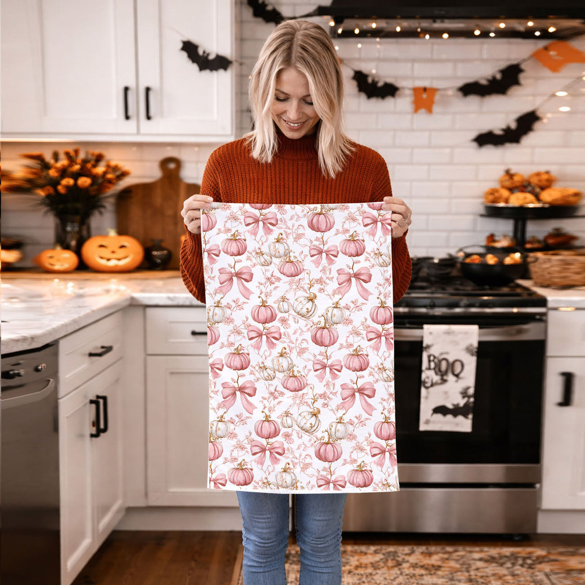 Pink Pumpkin Flour Sack Kitchen Towel