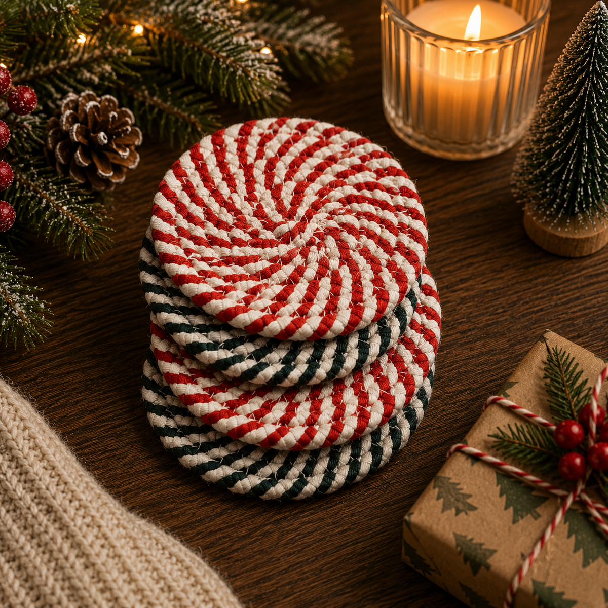 Candy Cane Braided Coasters — Set of 4