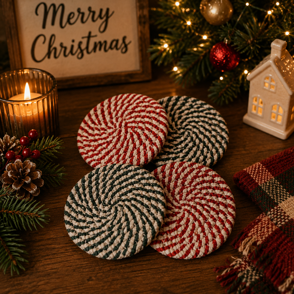 Candy Cane Braided Coasters — Set of 4