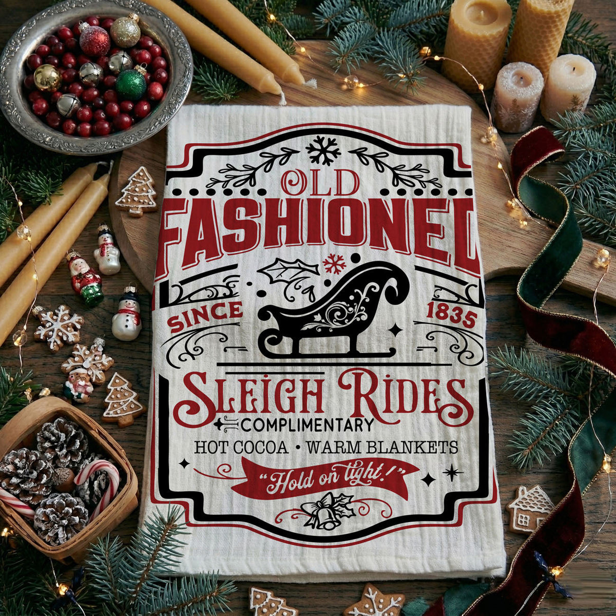 Sleigh Rides & Candy Canes Christmas Kitchen Towel