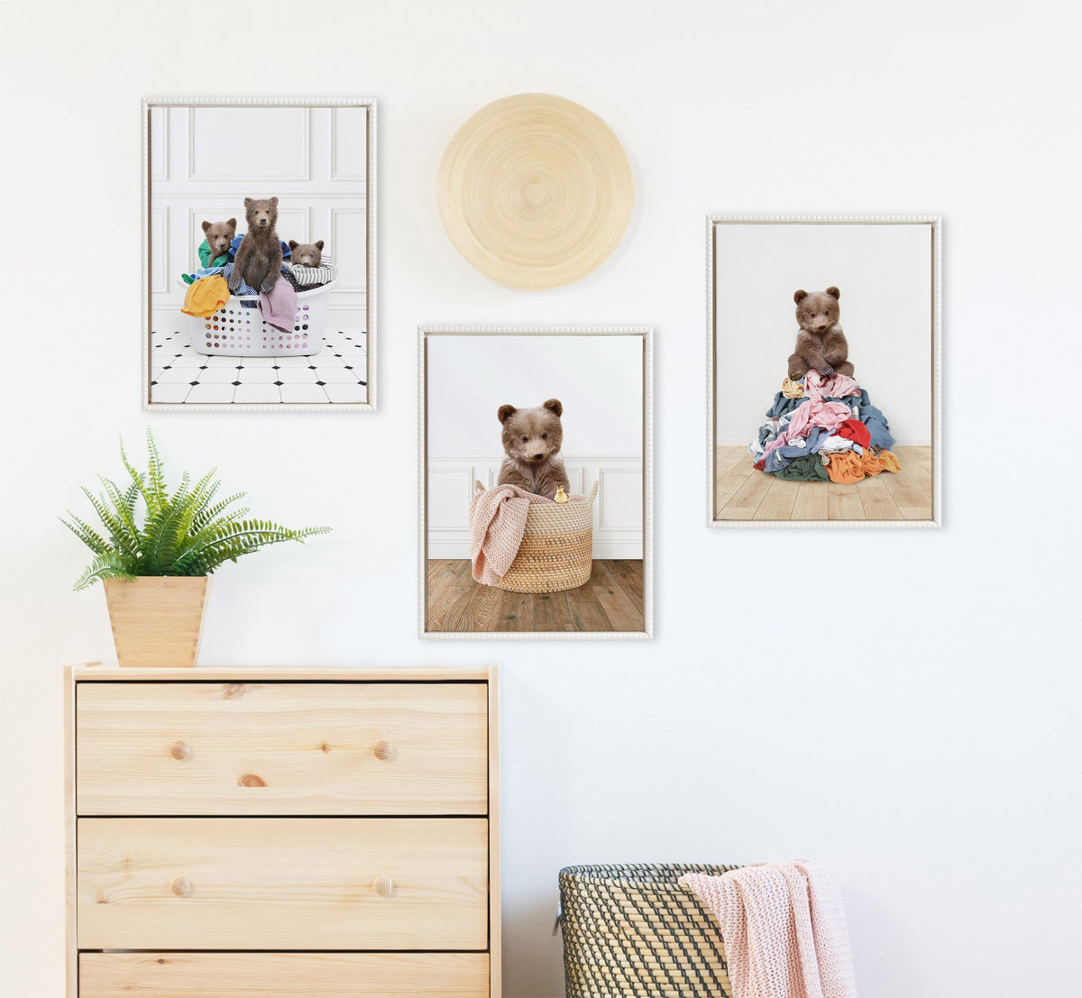 Three Bears in a Laundry Basket Framed Canvas – 18 × 24