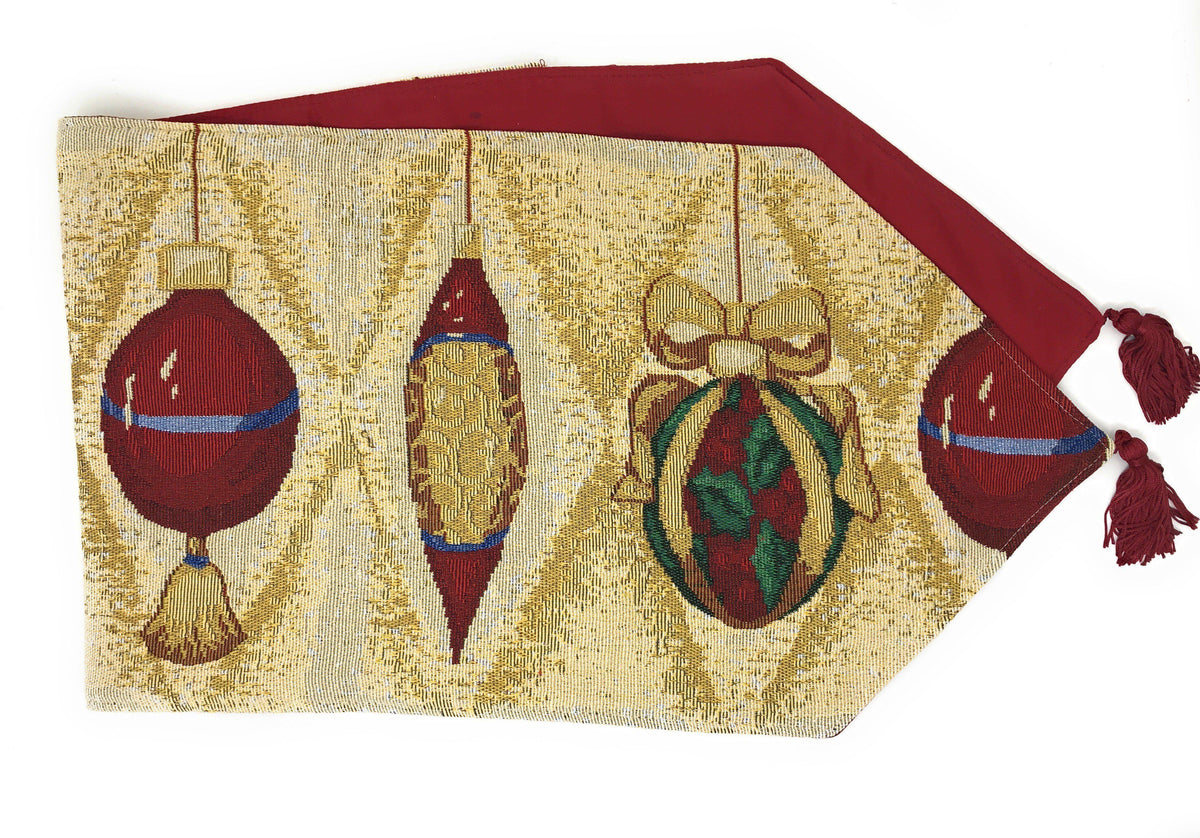 Christmas Ornament Tapestry Table Runner — Red & Gold