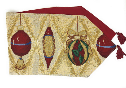 Christmas Ornament Tapestry Table Runner — Red & Gold