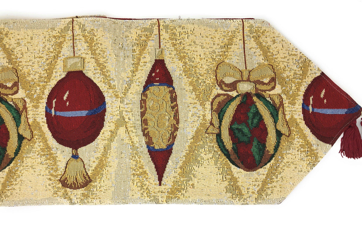 Christmas Ornament Tapestry Table Runner — Red & Gold
