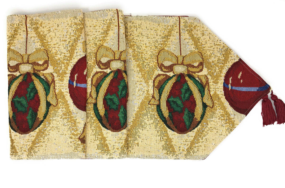 Christmas Ornament Tapestry Table Runner — Red & Gold