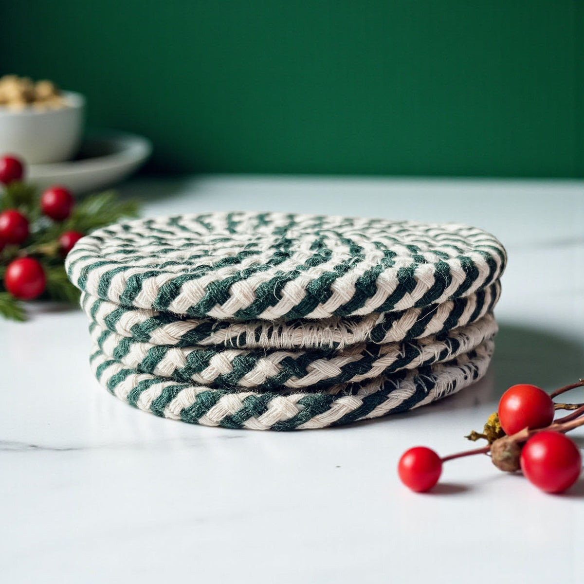 Candy Cane Braided Coasters — Set of 4