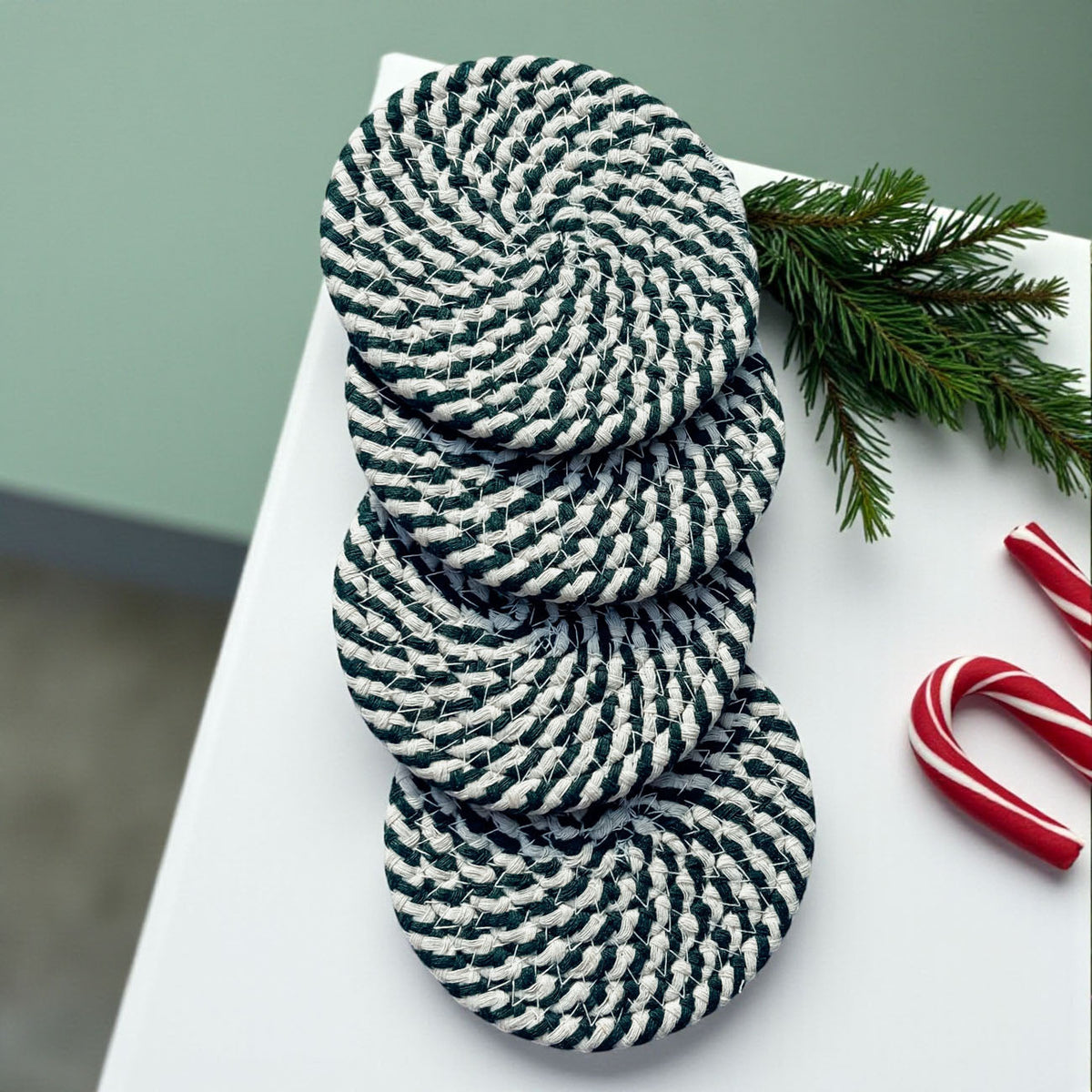 Candy Cane Braided Coasters — Set of 4