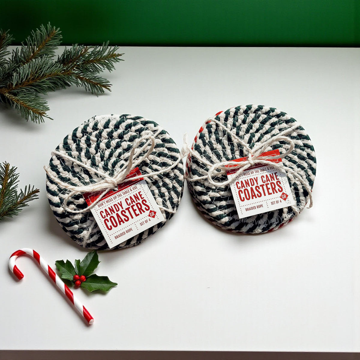 Candy Cane Braided Coasters — Set of 4