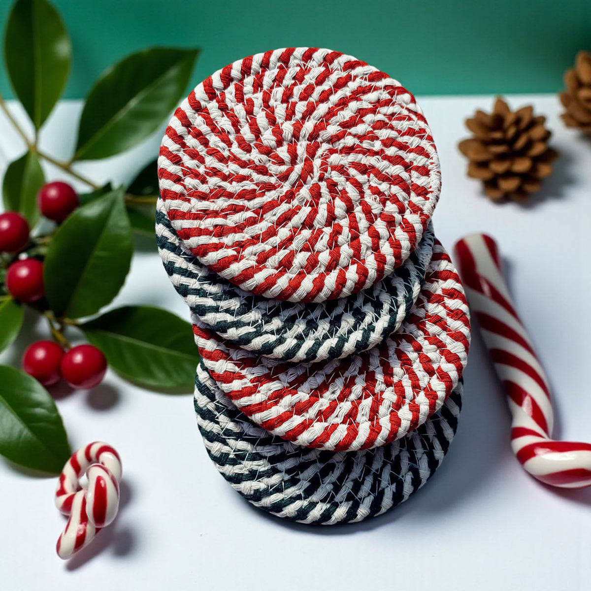 Candy Cane Braided Coasters — Set of 4