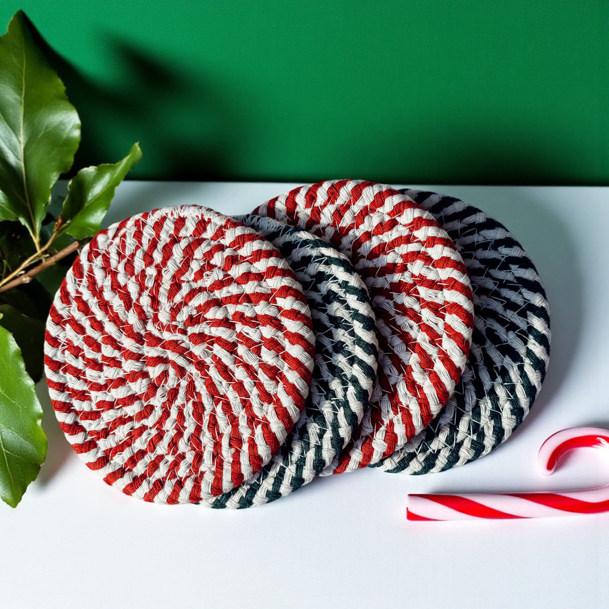 Candy Cane Braided Coasters — Set of 4