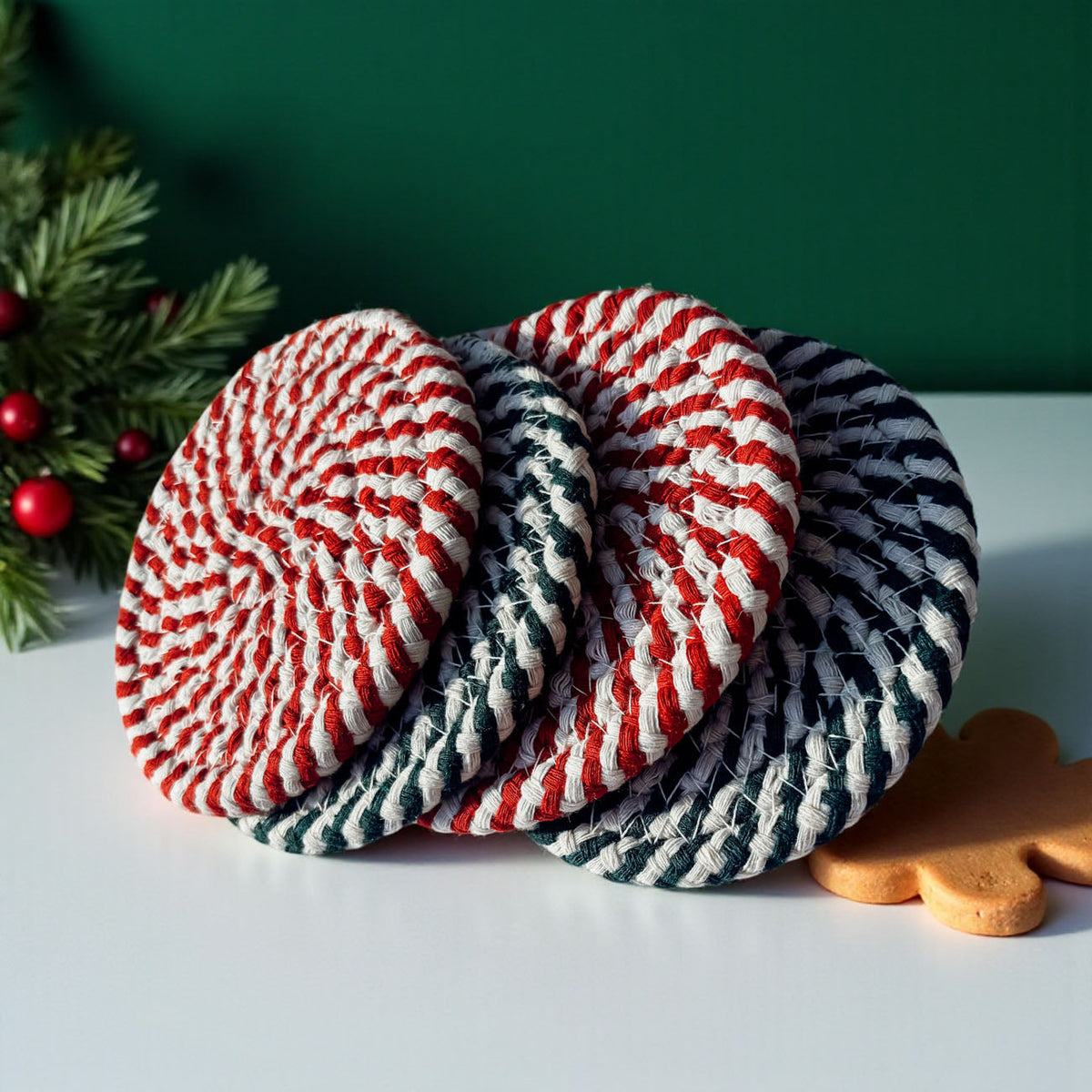 Candy Cane Braided Coasters — Set of 4