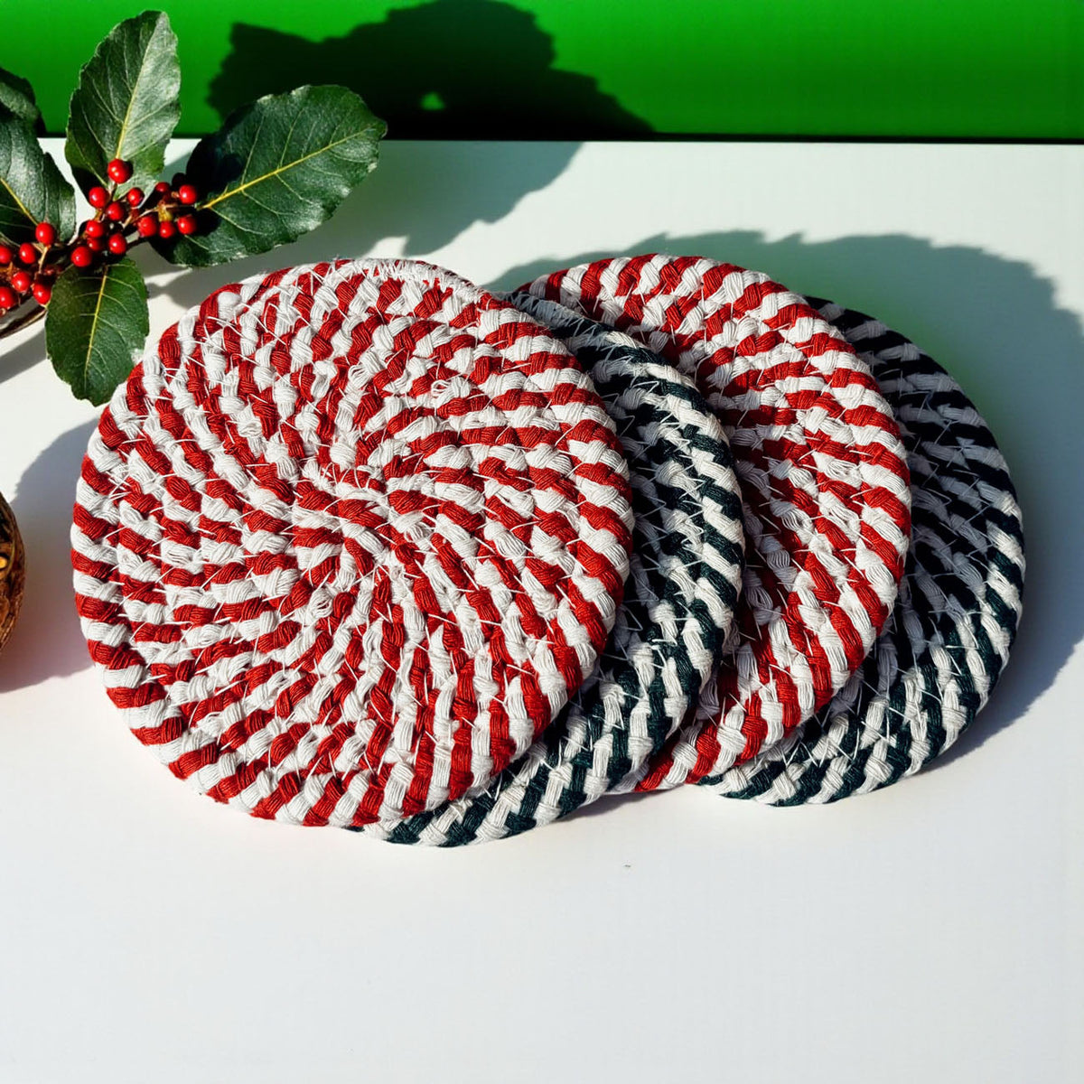 Candy Cane Braided Coasters — Set of 4