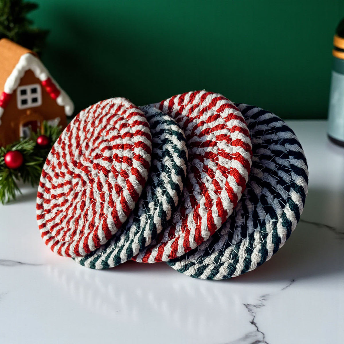 Candy Cane Braided Coasters — Set of 4