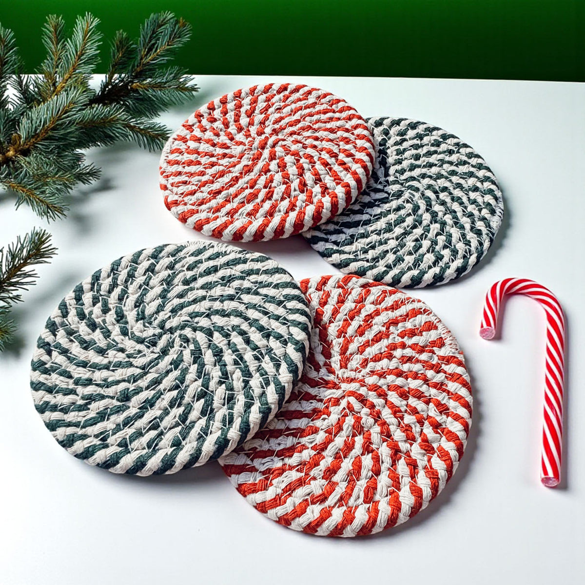 Candy Cane Braided Coasters — Set of 4