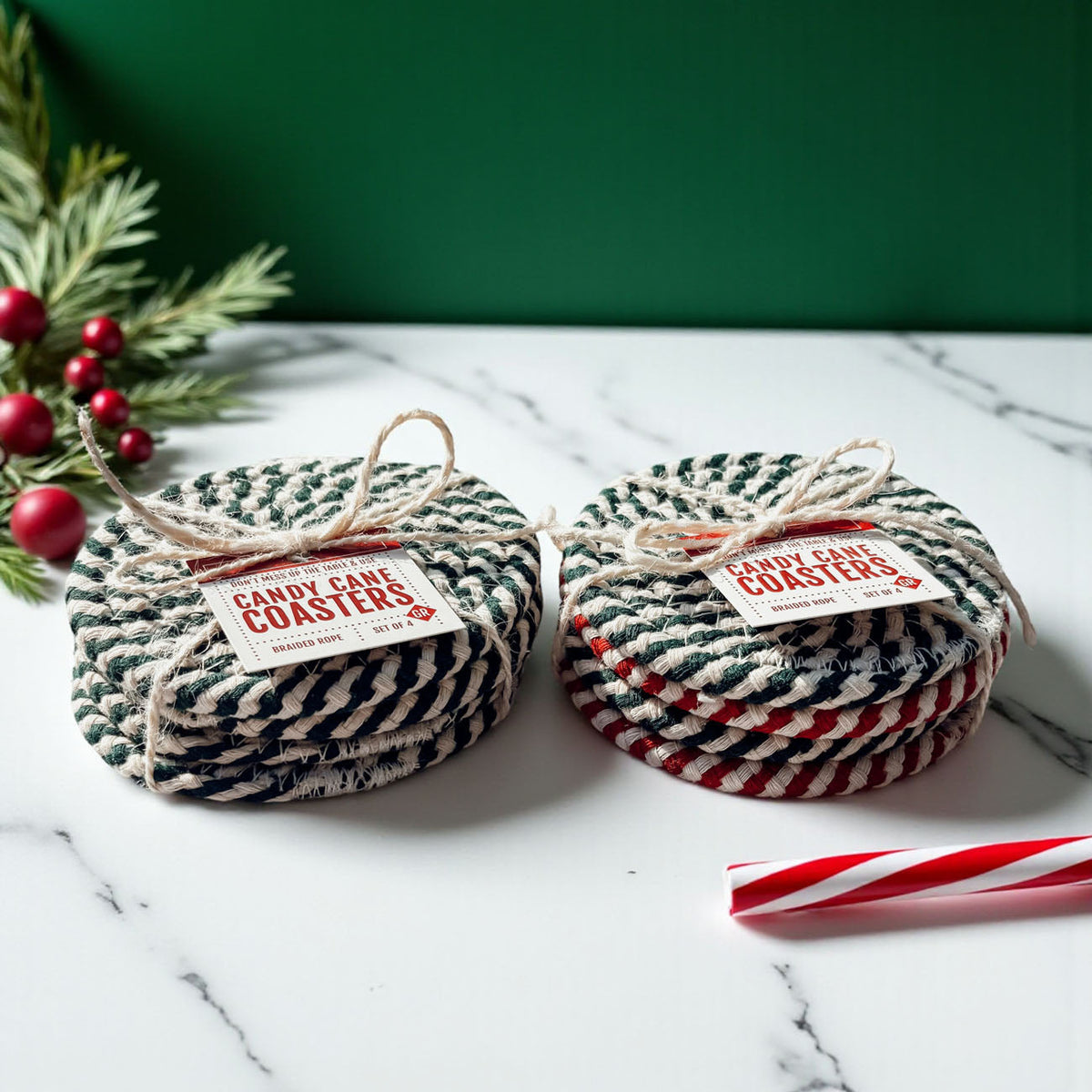 Candy Cane Braided Coasters — Set of 4