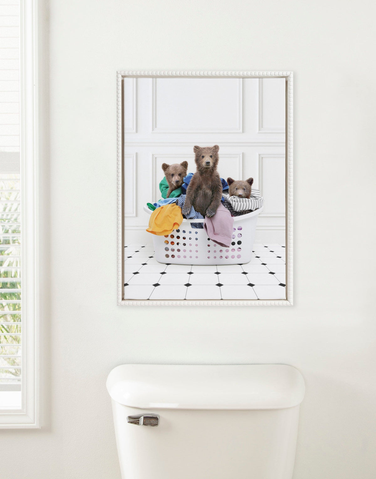 Three Bears in a Laundry Basket Framed Canvas – 18 × 24